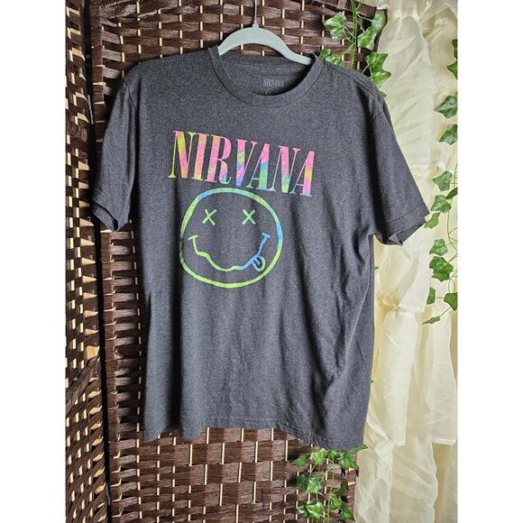 Nirvana Tops - Nirvana Rainbow Smiley Face Graphic Tee Charcoal Gray Band Shirt